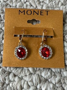 Monet Gold-Tone Red Crystal Halo Drop Earrings